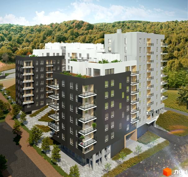 Зовнішній вигляд новобудови ЖК Малоголосківські пагорби з темними та світлими фасадами, балконами та прибудинковою територією з деревами та доріжками.