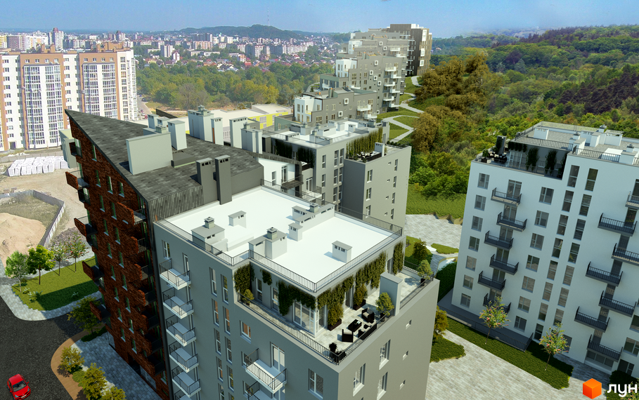 Житловий комплекс Малоголосківські пагорби - сучасна архітектура та зелені зони. Огляд новобудов з терасами та балконами на тлі лісового масиву.