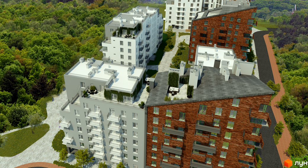 Житловий комплекс Малоголосківські пагорби: сірі та цегляні будівлі з балконами на тлі зеленого лісу. Територія комплексу з доріжками та зеленими насадженнями.