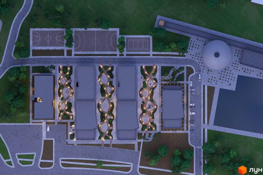 Аерофотозйомка житлового комплексу Avalon Time з баскетбольними майданчиками, тенісним кортом та прогулянковими зонами. Огляньте сучасну архітектуру та облаштовану територію комплексу.