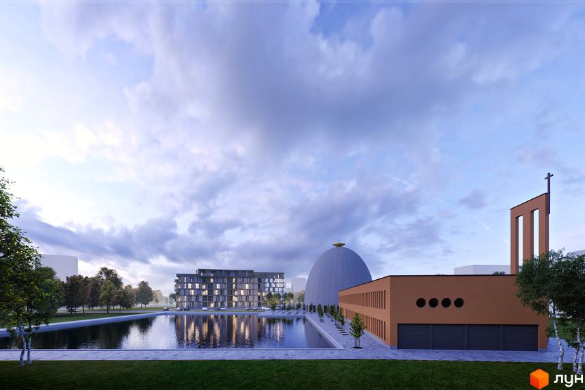 Житловий комплекс Avalon Time з сучасною архітектурою та озелененою територією біля водойми. Візуалізація комплексу з відображенням будівель та ландшафту.