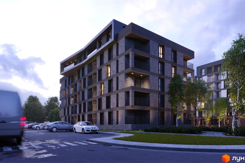 Житловий комплекс Avalon Time. Сучасна архітектура, цегляний фасад, балкони та парковка біля будинку. Зелена зона з деревами та освітленням.