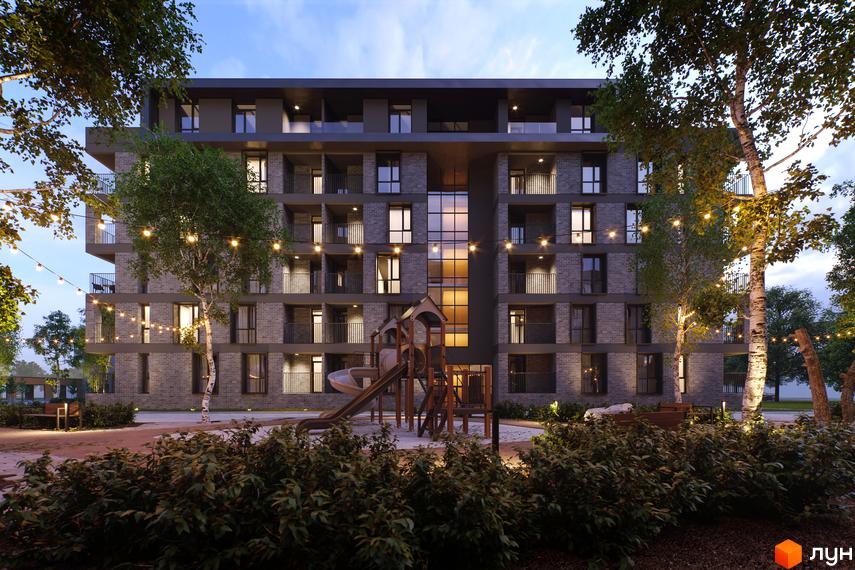 Житловий комплекс Avalon Time. Сучасна новобудова з цегляним фасадом, балконами та дитячим майданчиком на прибудинковій території.