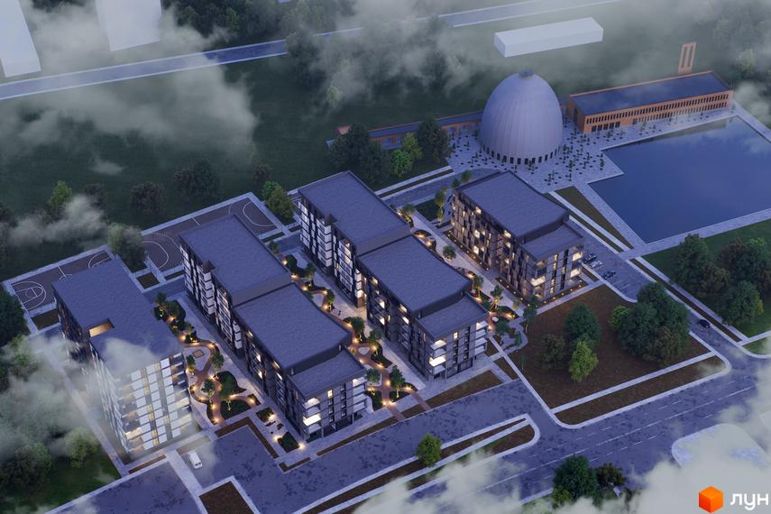 Житловий комплекс Avalon Time. Сучасні багатоквартирні будинки з темними дахами та фасадами, освітленими вікнами. Навколо будівель розташовані зелені зони, пішохідні доріжки та спортивні майданчики.