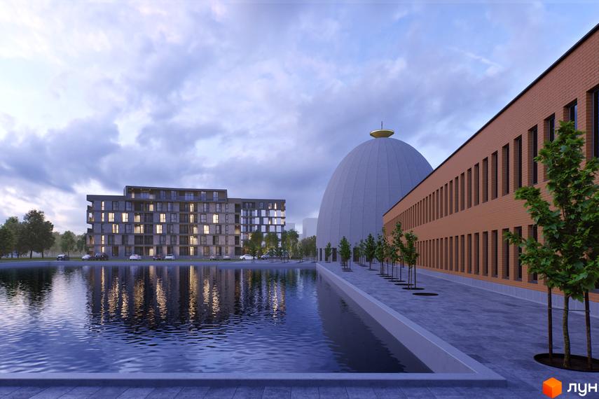 Новобудова Avalon Time з сірим фасадом та великою кількістю вікон, розташована біля водойми з відображенням будівель. Поруч знаходиться цегляна будівля та куполоподібна споруда.