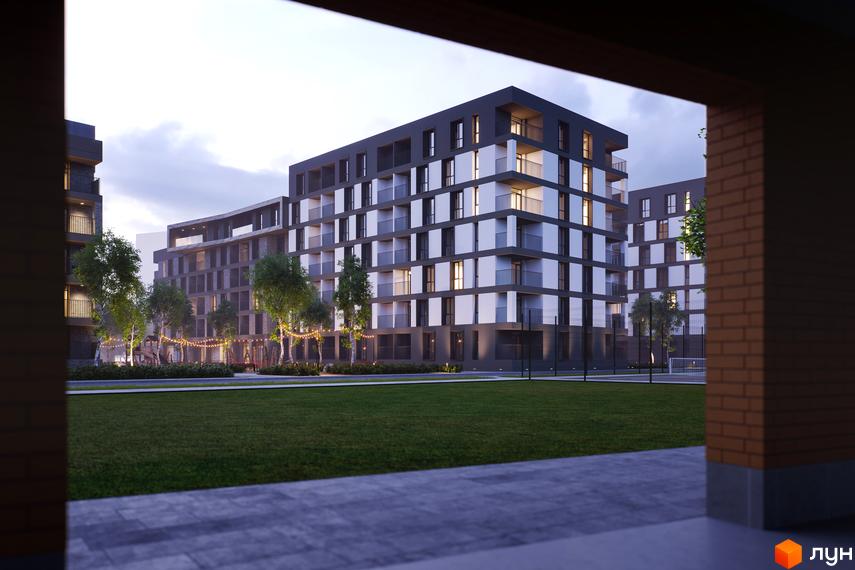 Житловий комплекс Avalon Time: будівлі з контрастними фасадами, балконами та великими вікнами. Прибудинкова територія з газоном та деревами.