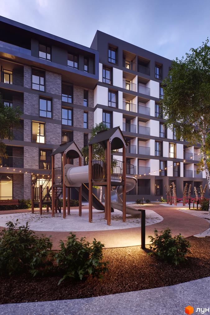 Житловий комплекс Avalon Time з дитячим майданчиком та зоною відпочинку. Зовнішній вигляд будинку з цегляним фасадом та білими вставками.