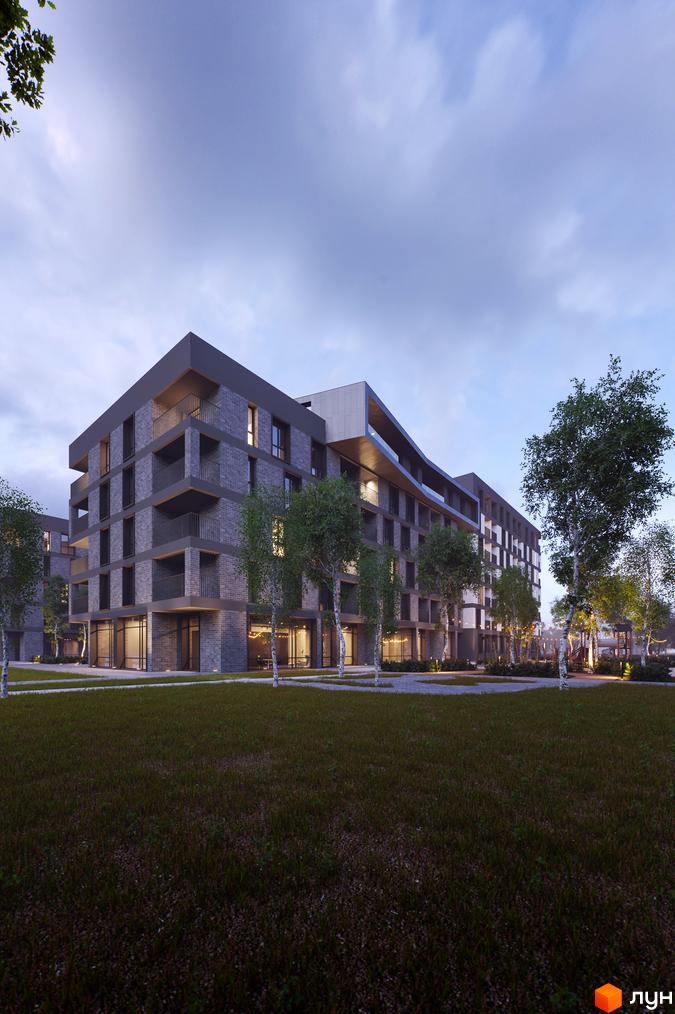 Зовнішній вигляд будинку ЖК Avalon Time з цегляним фасадом та балконами. Прибудинкова територія з газоном та деревами.