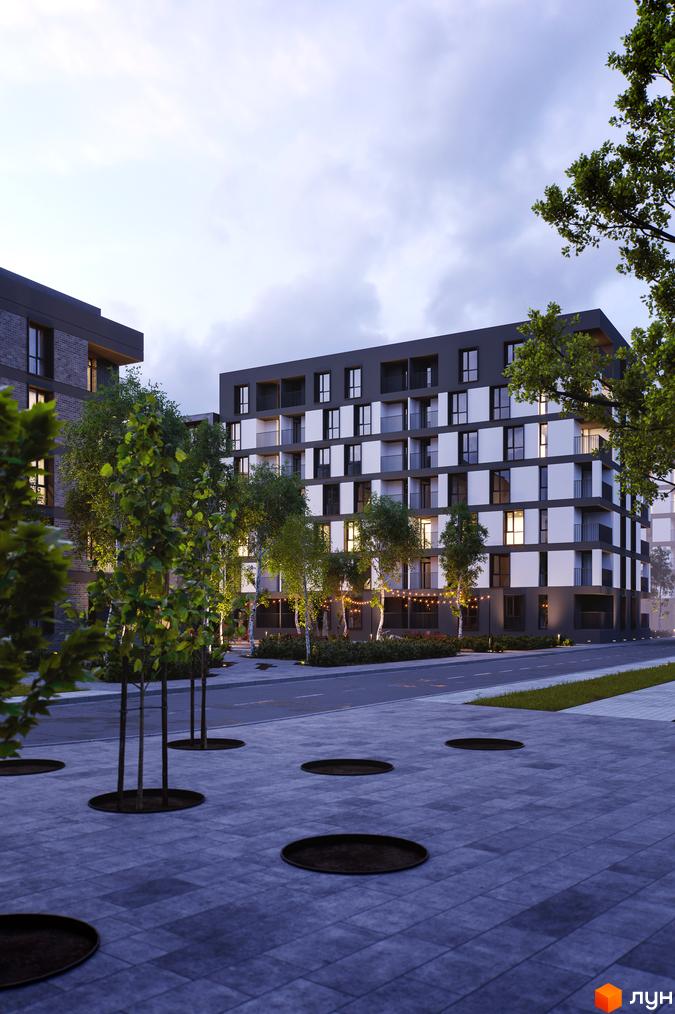 Житловий комплекс Avalon Time. Зовнішній вигляд будинку з біло-сірими фасадами та балконами. Прибудинкова територія з деревами та освітленням.
