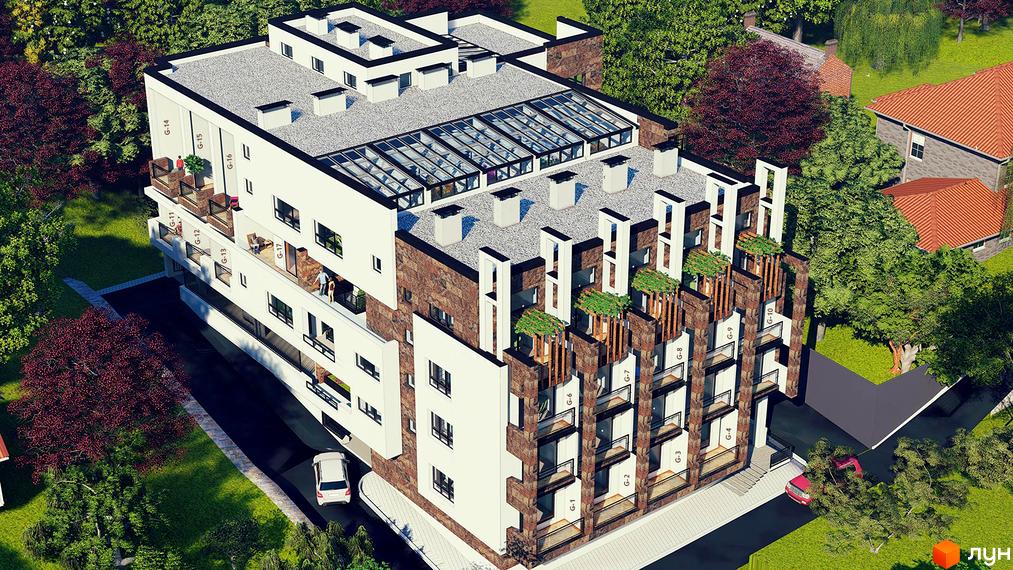 Клубний будинок Greenhouse - це шестиповерхова новобудова з балконами та скляним дахом, оточена зеленими деревами та газоном.