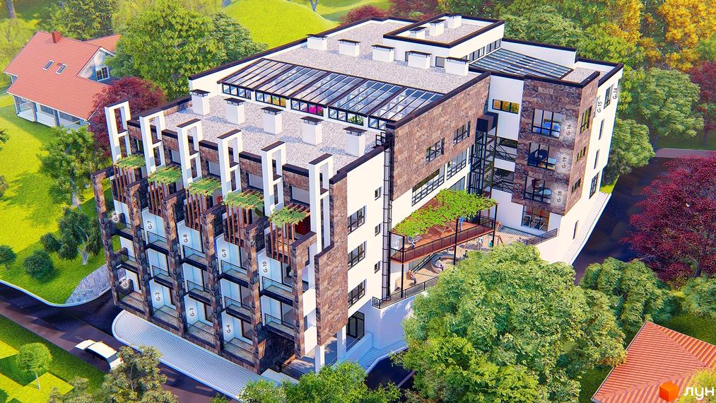 Клубний будинок Greenhouse з фасадом із каменю та скляними елементами, оточений зеленню та деревами. Навколо будинку облаштована прибудинкова територія з доріжками та зонами відпочинку.