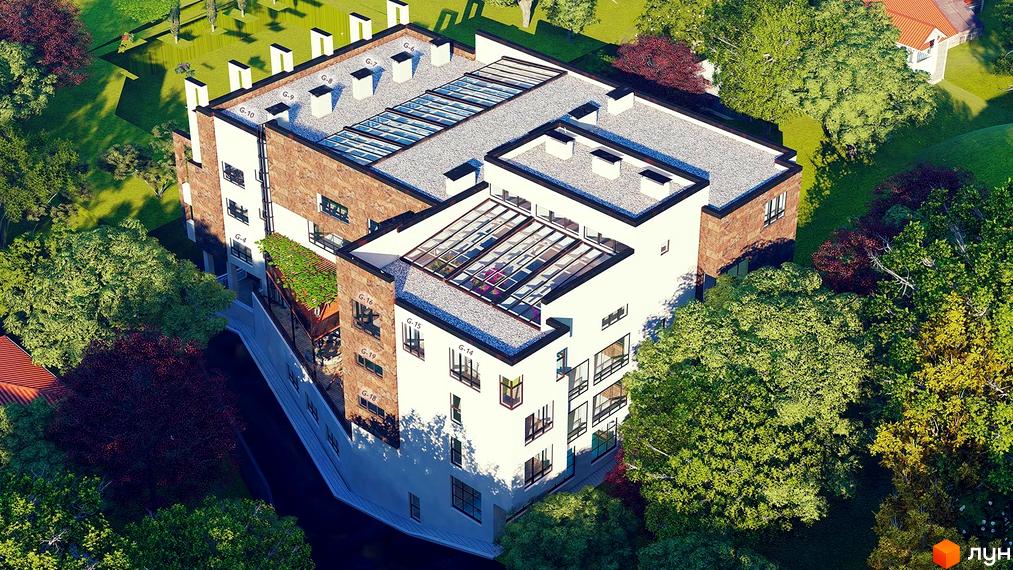 Клубний будинок Greenhouse - це сучасна новобудова з великими вікнами та скляними дахами, оточена зеленою прибудинковою територією з деревами.