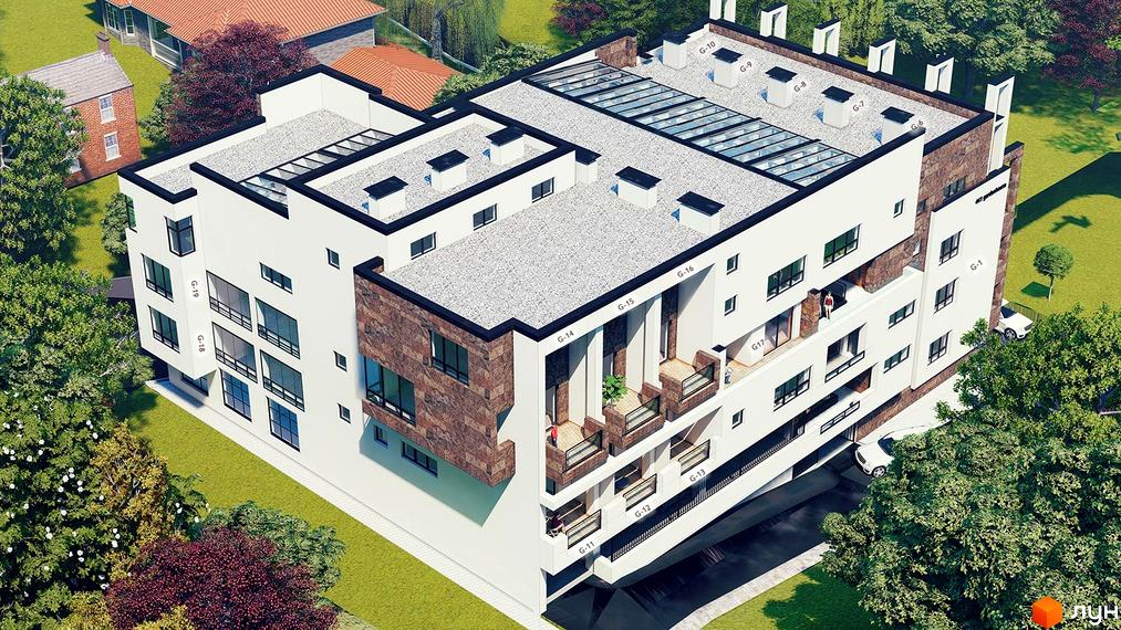 Клубний будинок Greenhouse - це багатоповерхова новобудова з панорамними вікнами та балконами, оточена зеленою прибудинковою територією з деревами та газоном.