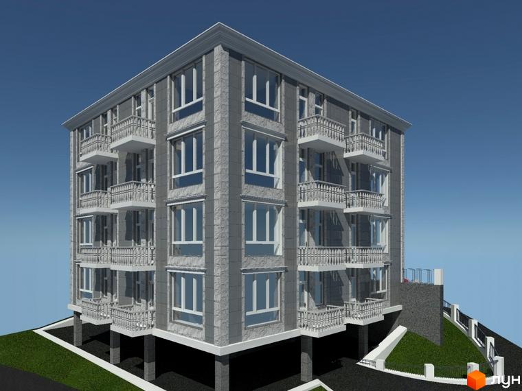 Клубний будинок „Ширма Club“ з сірою кам'яною обробкою та білими балконами. Навколо будинку зелена галявина та доріжки.