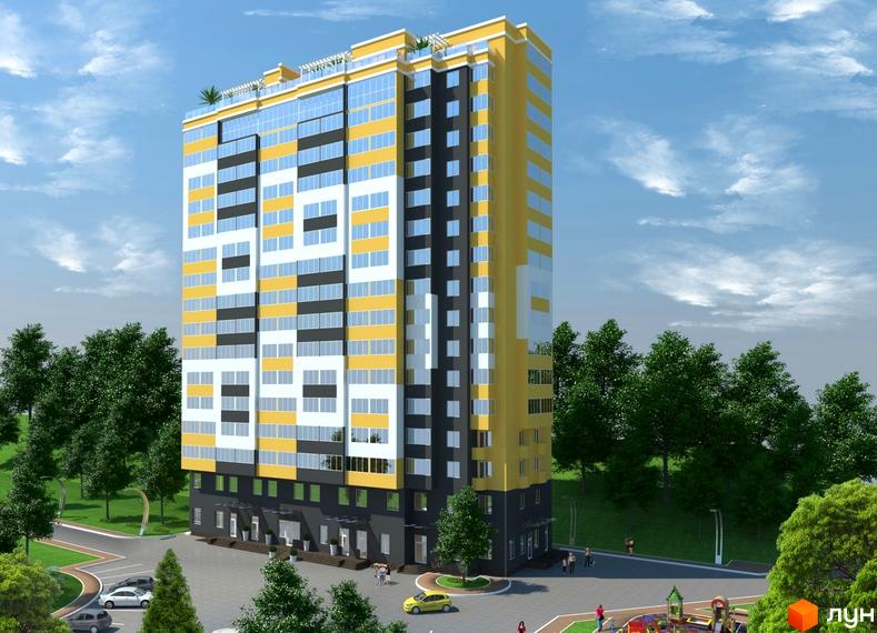 Висотна будівля ЖК Кузьмінський 2 з жовтими, білими та чорними фасадами. Поруч зелені дерева, парковка та дитячий майданчик.