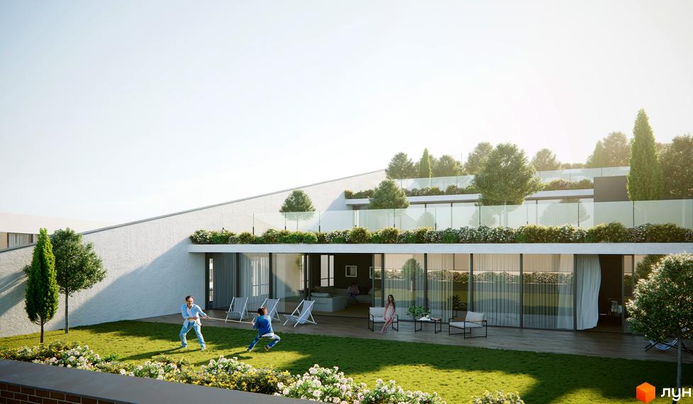 Житловий комплекс Greenville Park Lviv з каскадними терасами, білими фасадами та панорамними вікнами. Прибудинкова територія має зелений газон та дерева.