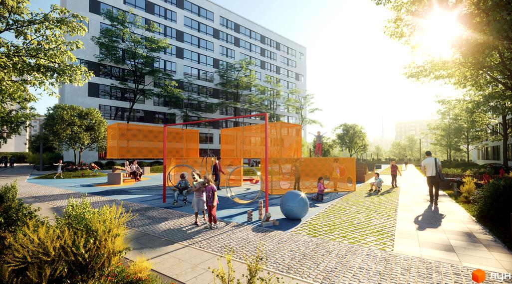 Житловий комплекс Greenville Park Lviv: багатоповерховий будинок з білим фасадом та дитячий майданчик з ігровими зонами.