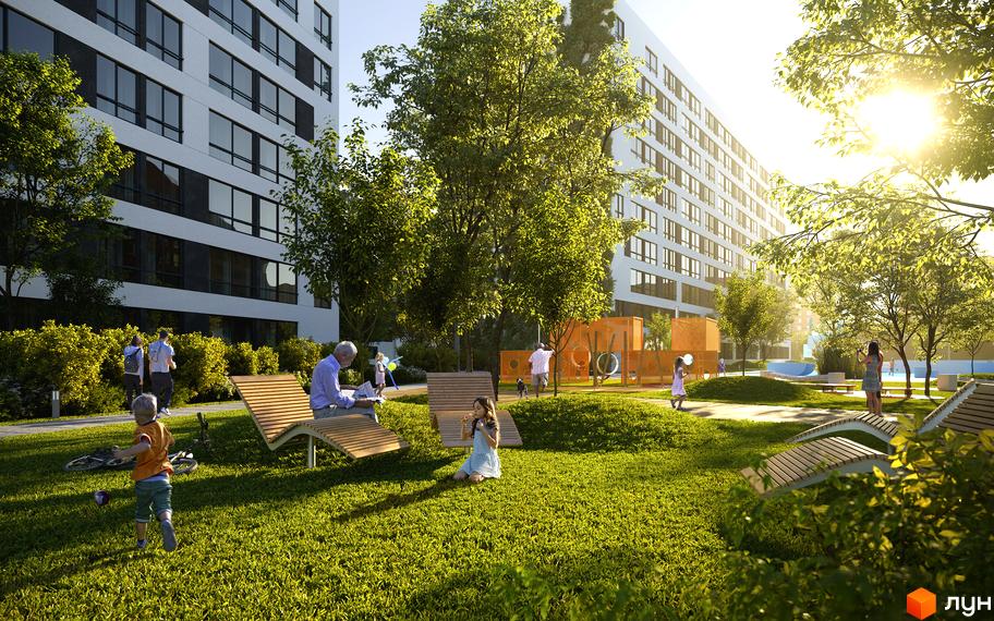 Зображення житлового комплексу Greenville Park Lviv з дитячим майданчиком та місцями для відпочинку. Навколо будинку зелена територія.