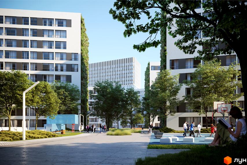 Білі багатоповерхові будинки Житлового комплексу Greenville Park Lviv з вертикальним озелененням. Поруч розташовані зелені насадження, дитячий майданчик та спортивний майданчик.