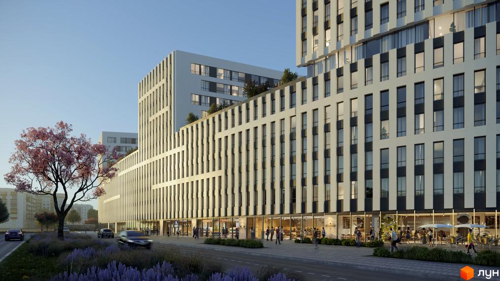 Зображення фасаду Greenville Park Lviv. Житловий комплекс з великими вікнами та крамничками на першому поверсі, поруч зелена зона з деревами.