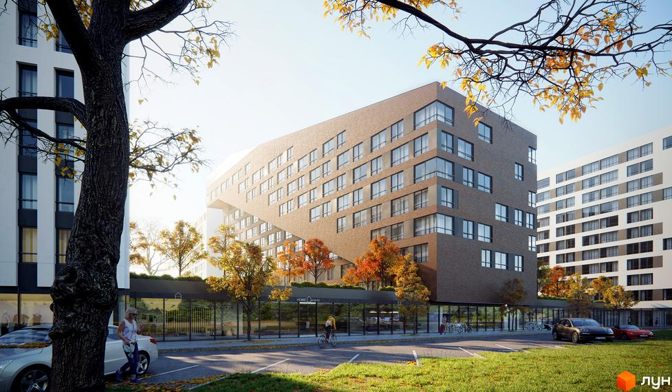 Житловий комплекс Greenville Park Lviv: багатоквартирний будинок з коричневим фасадом та великими вікнами. Прибудинкова територія з осінніми деревами та парковкою.