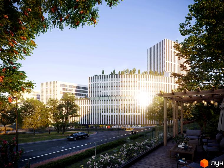 Житловий комплекс Greenville Park Lviv з білими багатоповерховими будинками та зеленими дахами. Поруч дорога, зелені насадження та тераса з дерев'яною перголою.