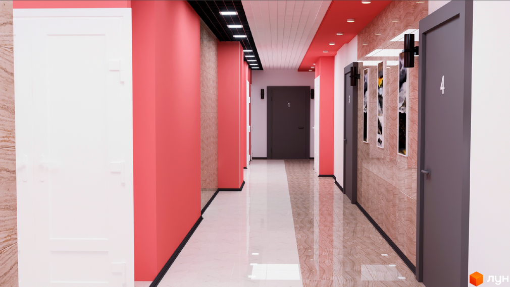 Коридор в ЖК Гармонія з білими дверима, рожевими стінами та глянцевою підлогою. На стінах розміщені картини, а на дверях номери.