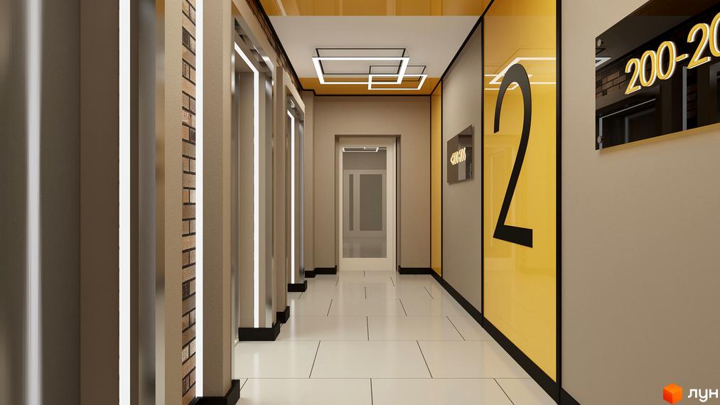 Коридор в ЖК LAKE HOUSE. Світлий інтер'єр з білою підлогою та жовтими акцентами на стінах. Видно двері ліфтів та вхідні двері до квартир.
