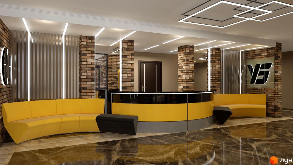 Інтер'єр холу ЖК LAKE HOUSE з жовтими диванами, стійкою ресепшн та цегляною стіною. На стіні логотип забудовника. На підлозі мармур.