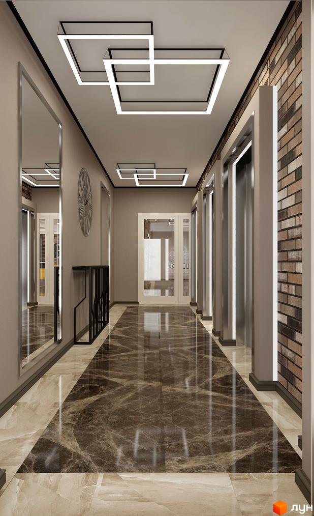 Коридор в ЖК LAKE HOUSE з мармуровою підлогою та скляними дверима. Стеля з підсвіткою, стіни оздоблені світлою штукатуркою та цеглою.