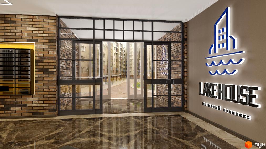 Вхідна група ЖК LAKE HOUSE з великими скляними дверима та вивіскою. Навколо вхідної зони оздоблення з цегли та мармурової підлоги.