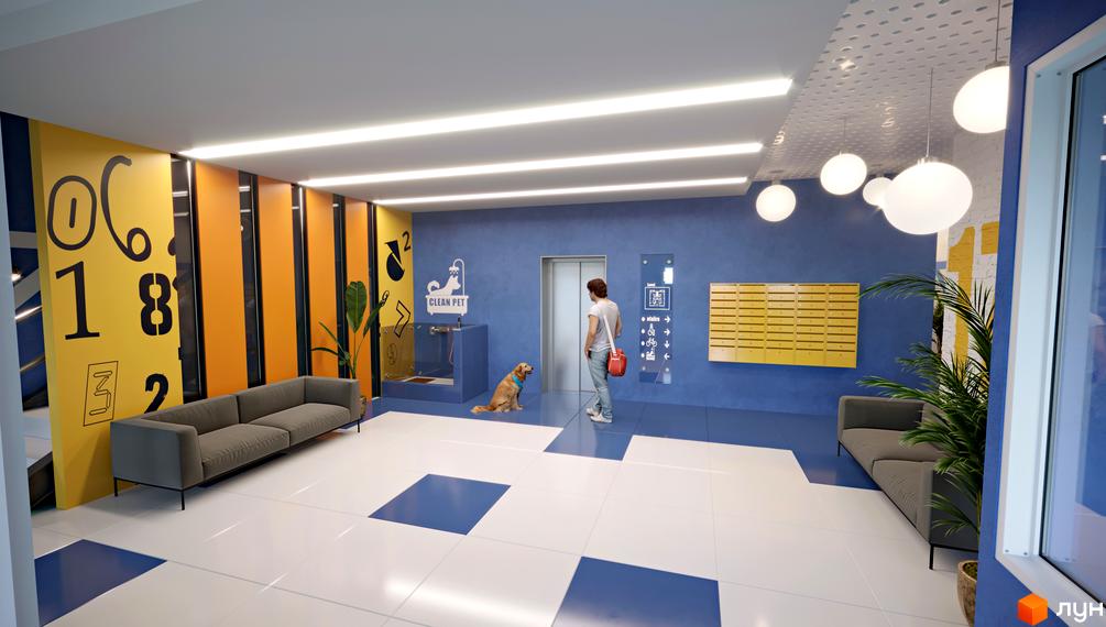 Лобі житлового комплексу Рідний з диванами, поштовими скриньками та зоною для миття собак. Сучасний дизайн інтер'єру з яскравими акцентами.