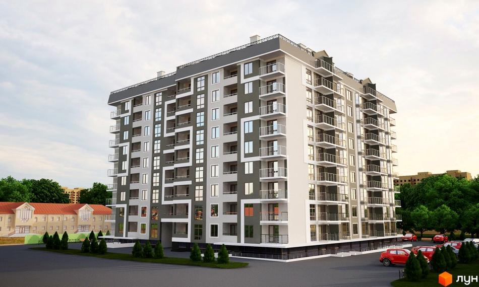 Зовнішній вигляд новобудови ЖК Хмельницький з балконами та парковкою. Навколо будинку зелені насадження та сусідні будівлі.