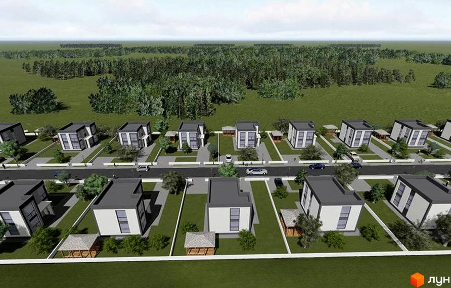 Котеджне містечко Tivoli: двоповерхові будинки з пласкими дахами та великими вікнами, розташовані на доглянутих ділянках з доріжками та зеленими насадженнями.