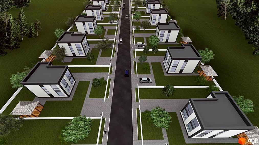 Котеджне містечко КМ Tivoli: вид згори на білі будинки з чорними дахами, розташовані вздовж дороги, з доглянутими газонами та деревами.