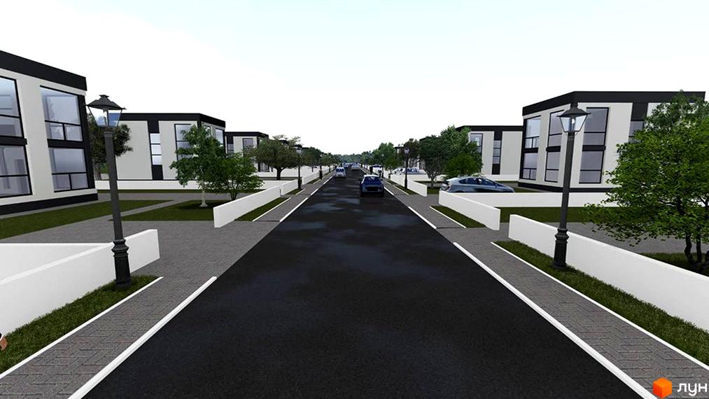 Котеджне містечко Tivoli: фасади будинків з великими вікнами та чорними елементами, доглянута прибудинкова територія з доріжками та озелененням.