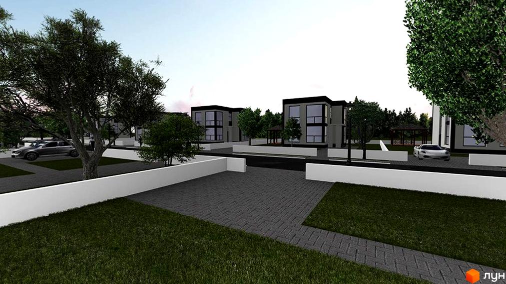 Котеджне містечко Tivoli: сірі двоповерхові будинки з великими вікнами, асфальтована дорога та зелена галявина.