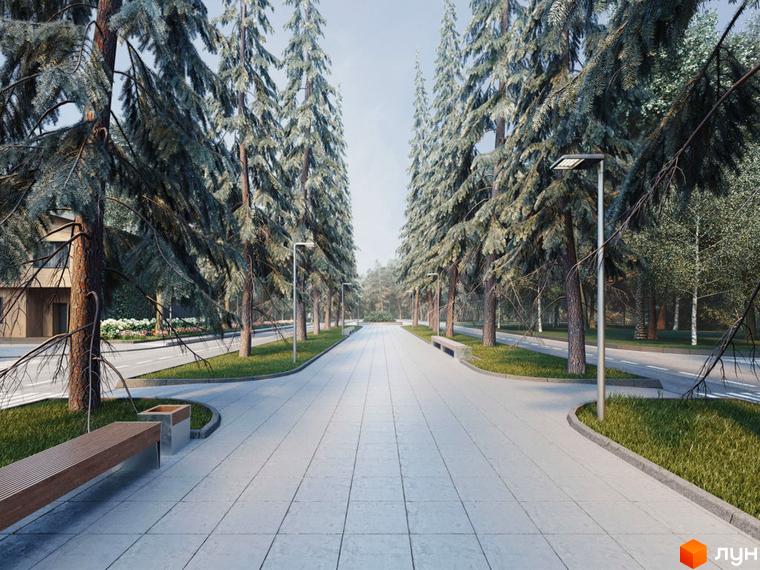 Прогулянкова алея з лавками та ліхтарями біля житлового комплексу КМ Comfort City Lagoon. Зелена зона з деревами та доглянутою травою.