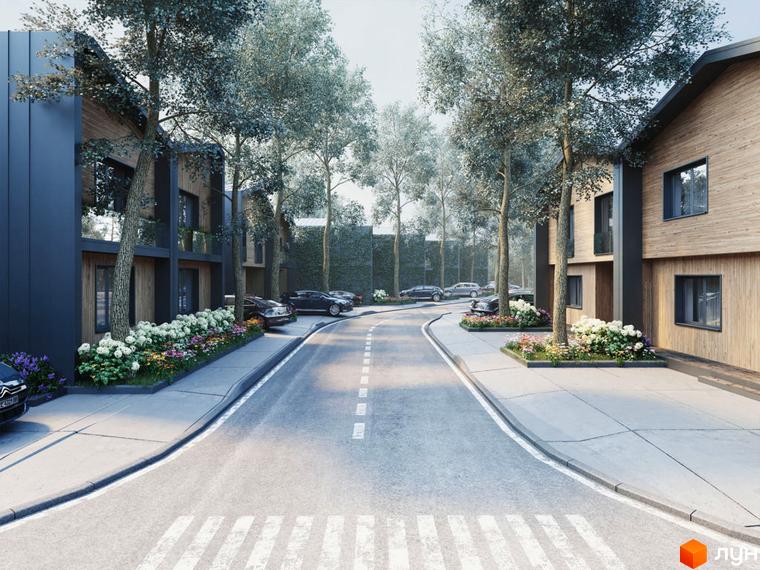 Котеджне містечко КМ Comfort City Lagoon: фасади будинків з дерева та металу, зелені насадження та доглянута прибудинкова територія.