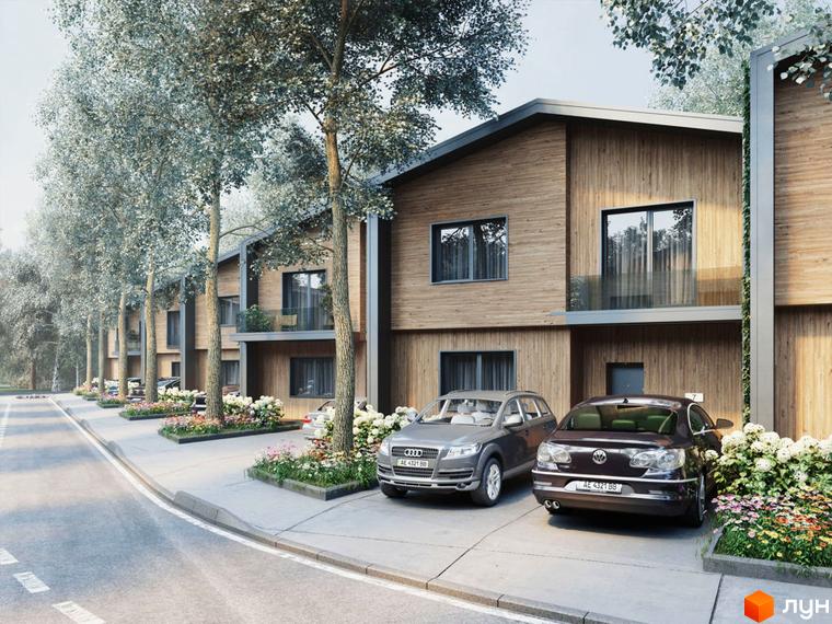 Котеджне містечко Comfort City Lagoon. Зовнішній вигляд будинків з дерев'яною обшивкою та прибудинкова територія з квітами та деревами.