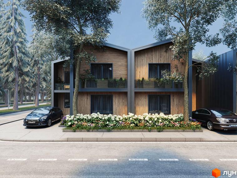 Котеджне містечко КМ Comfort City Lagoon. Сучасні будинки з дерев'яним фасадом та прибудинковою територією з квітами та деревами.