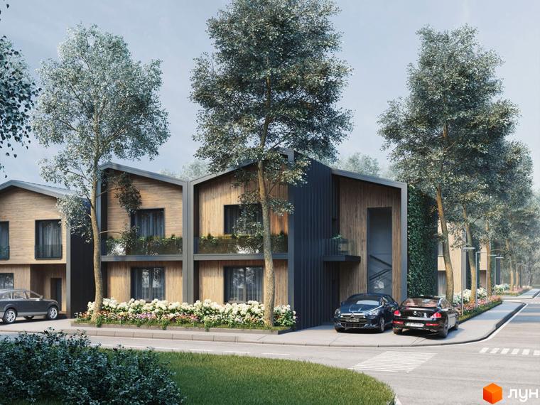 Котеджне містечко КМ Comfort City Lagoon. Сучасні будинки з дерев'яним фасадом та зеленою стіною, прибудинкова територія з квітами та деревами.