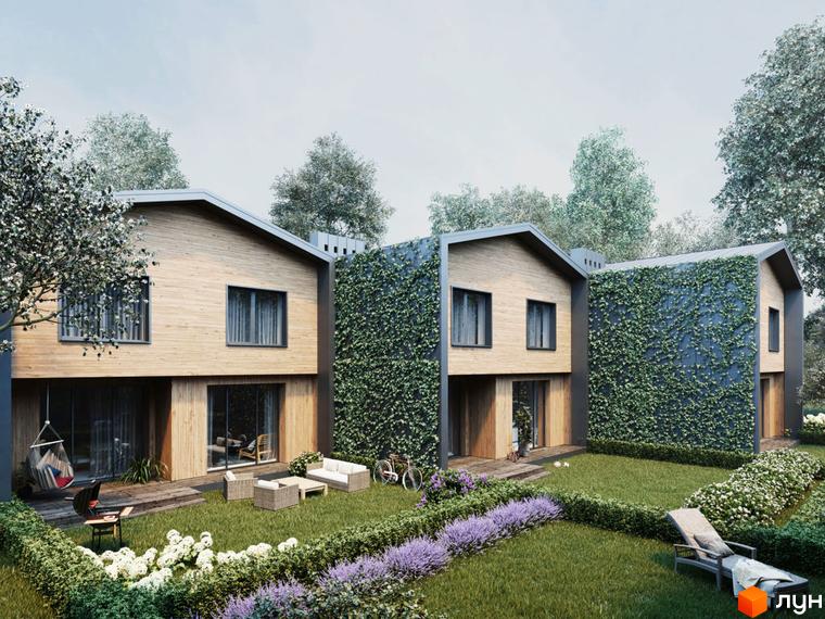 Котеджне містечко КМ Comfort City Lagoon з дерев'яним фасадом та зеленою стіною, з зоною відпочинку та доглянутим газоном.