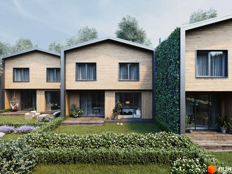 Котеджне містечко КМ Comfort City Lagoon: сучасні будинки з дерев'яним фасадом та зеленою стіною, доглянута прибудинкова територія з квітами та газоном.