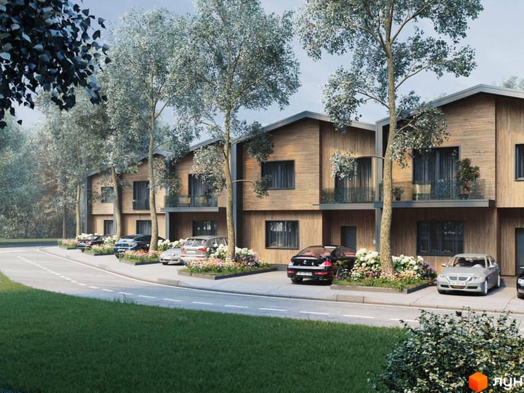 Котеджне містечко КМ Comfort City Lagoon: фасади будинків з дерев'яною обшивкою та прибудинкова територія з автомобілями та квітами.