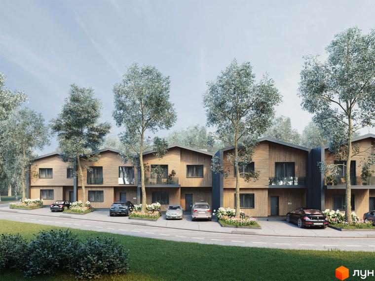 Котеджне містечко КМ Comfort City Lagoon з дерев'яними фасадами та прибудинковою територією з автомобілями та зеленими насадженнями.