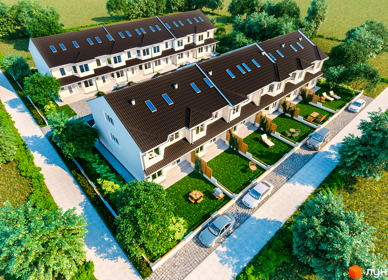 Зображення таунхаусів New Town. Будинки з темною покрівлею та білими стінами, перед будинками доглянуті газони, тераси з меблями та місця для паркування.
