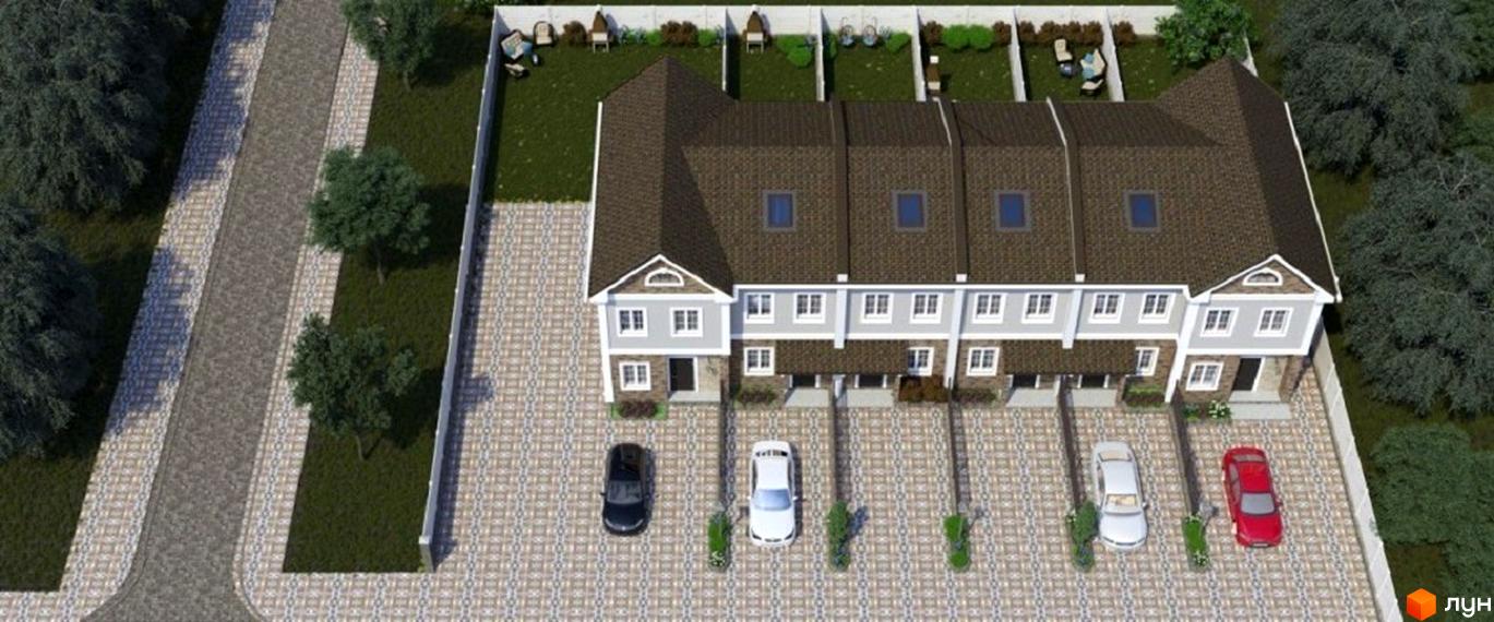 Таунхаус „Лісний двір“ – це двоповерхові будинки з коричневим дахом та сірими фасадами, що розташовані на вимощеній території з паркомісцями та зеленими насадженнями.