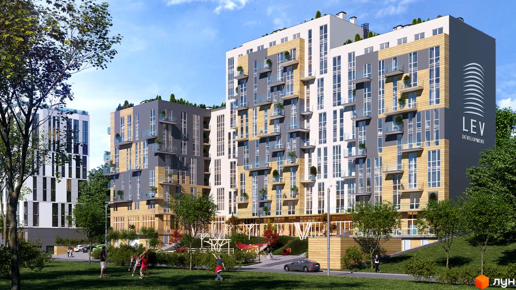 Новобудова ЖК OBRIY2 з сірими та бежевими фасадами, скляними балконами та зеленою прибудинковою територією. Навколо будівель розташовані дерева та дитячий майданчик.