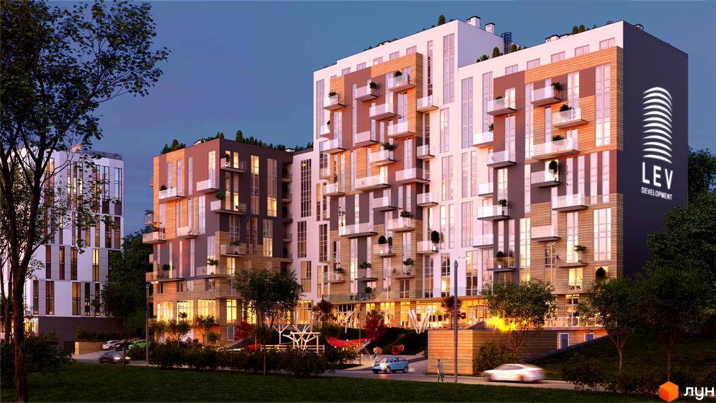 Зовнішній вигляд житлового комплексу OBRIY2 з балконами та великими вікнами. Прибудинкова територія з деревами та освітленням.